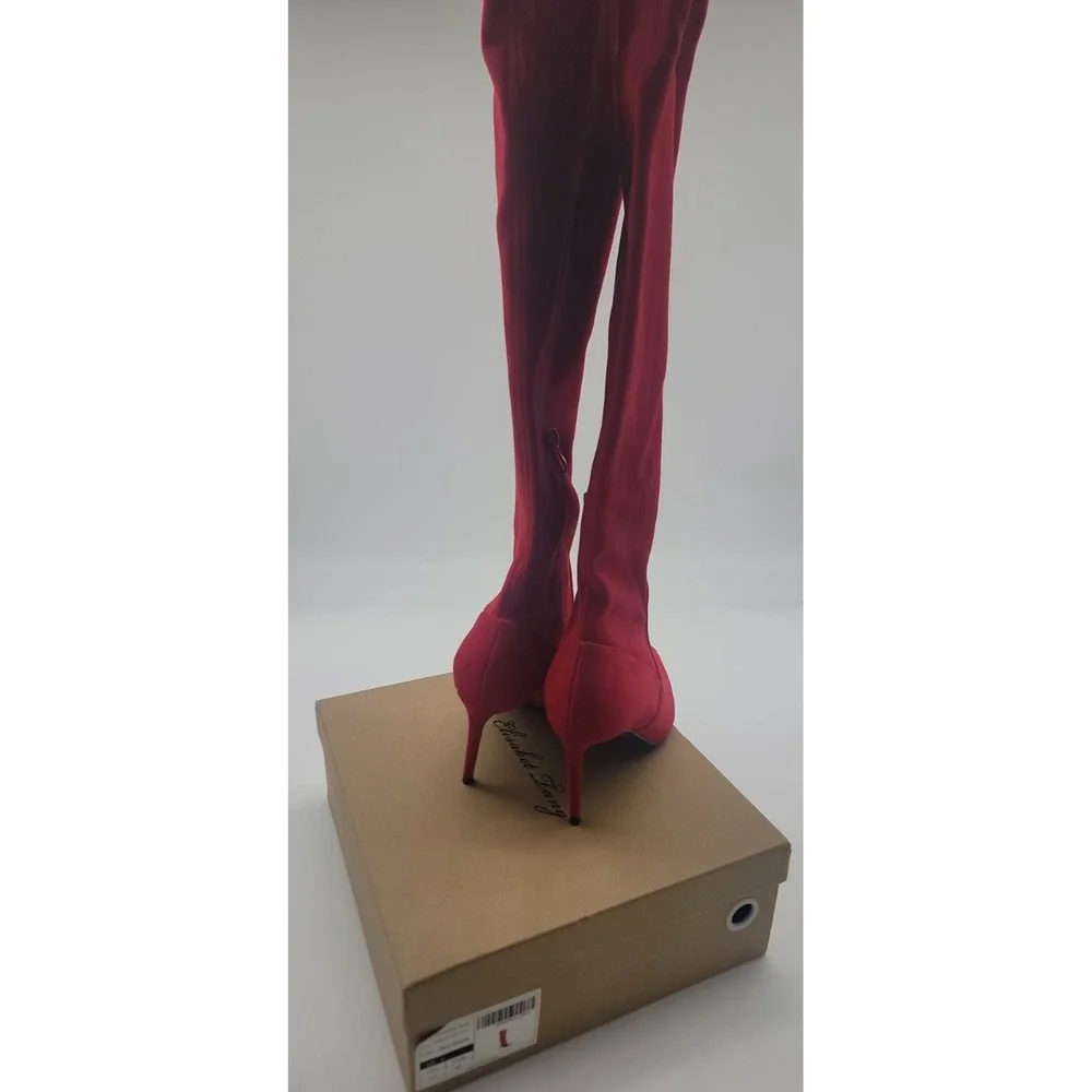 Elisabet Tang Women's Red Thigh High Boots Size 6 Pointed Toe Stiletto New!